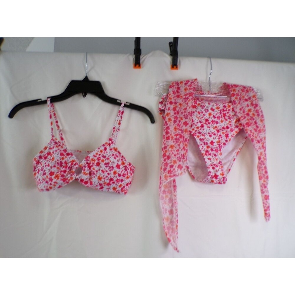 Women's Teen 14Y Pink White Floral 2pc Bikini High Waist Bottom with Sarong